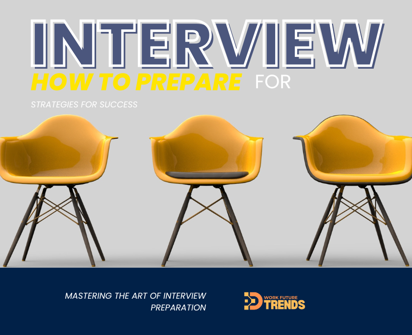 Interview Preparation - Strategies for Success. Image of three yellow chairs in a row, with the title 'Interview: How to Prepare' and the subtitle 'Strategies for Success'.